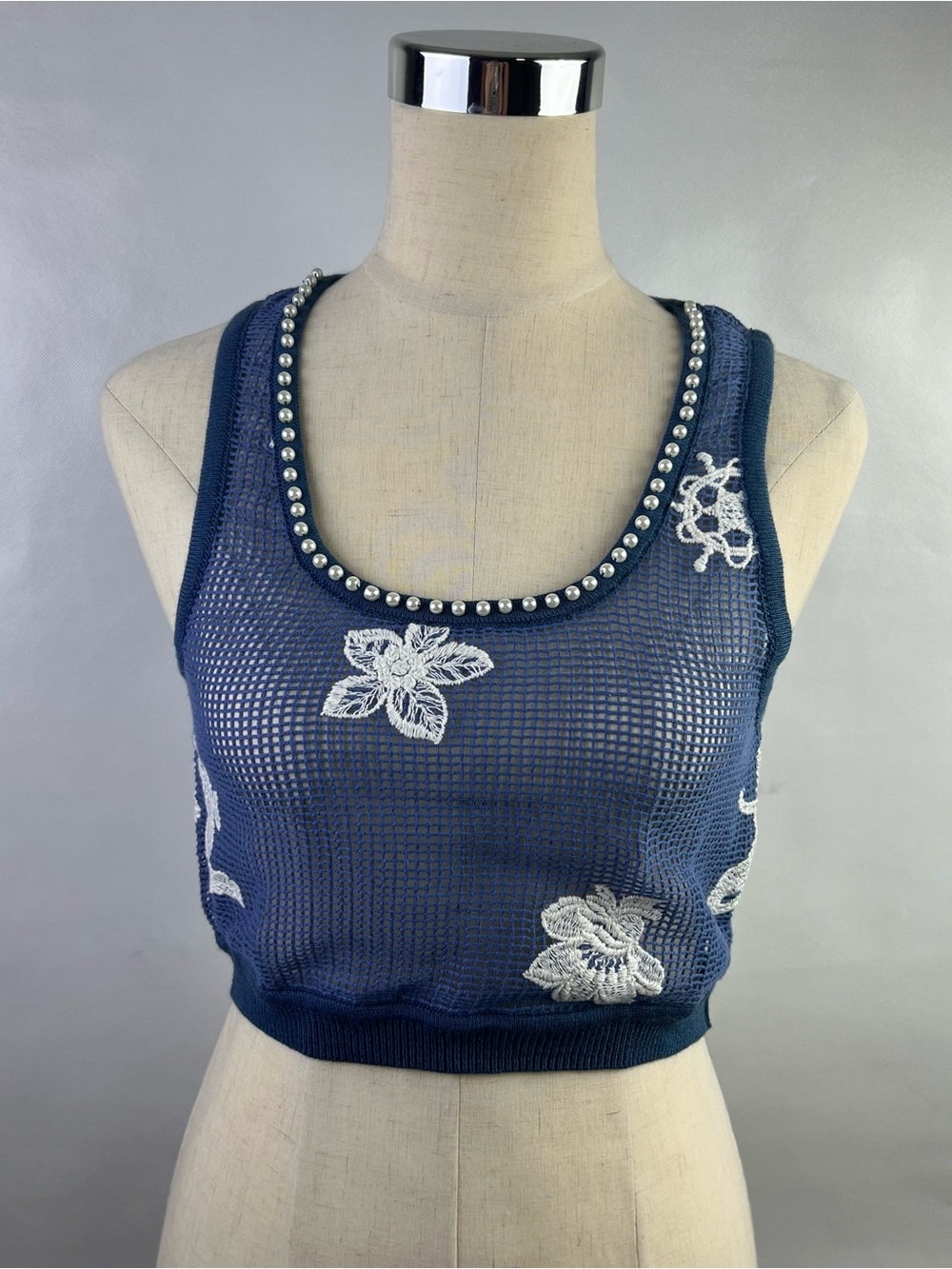 Agua Bendita Blue Emil Kai Mermaid Pearl Trim Cover Up Crop Top NWT Size M